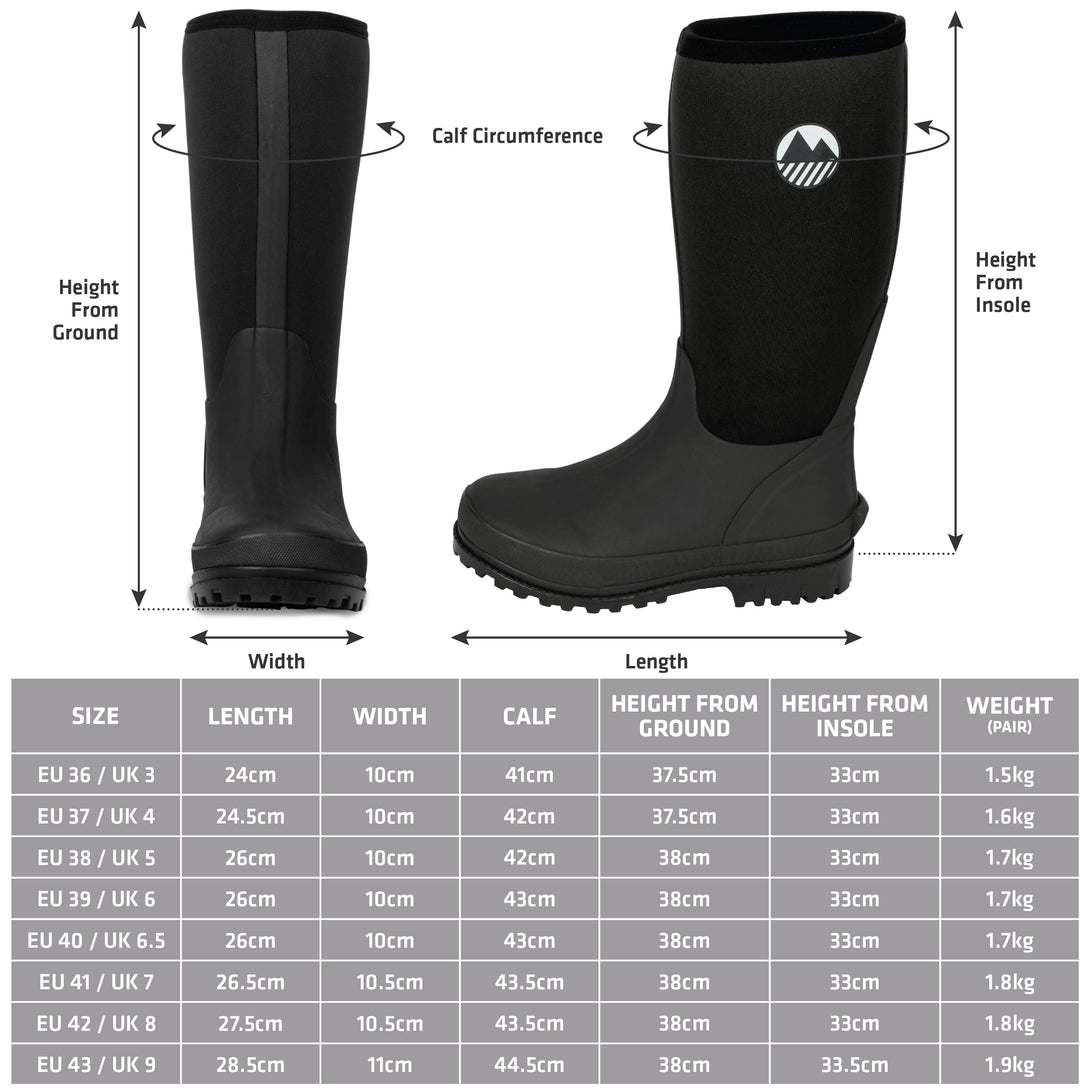 Size Guide for Lakeland Active Women's Rydal Neoprene Wellington Boots